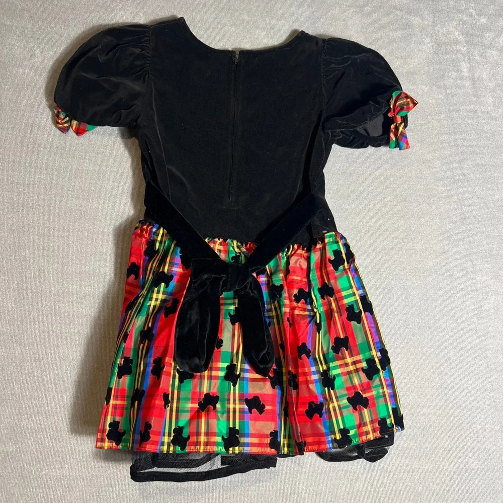Bonnie Jean Girls Vintage Black Velvet Plaid Scottie Dog Holiday Dress 6 USA 90s